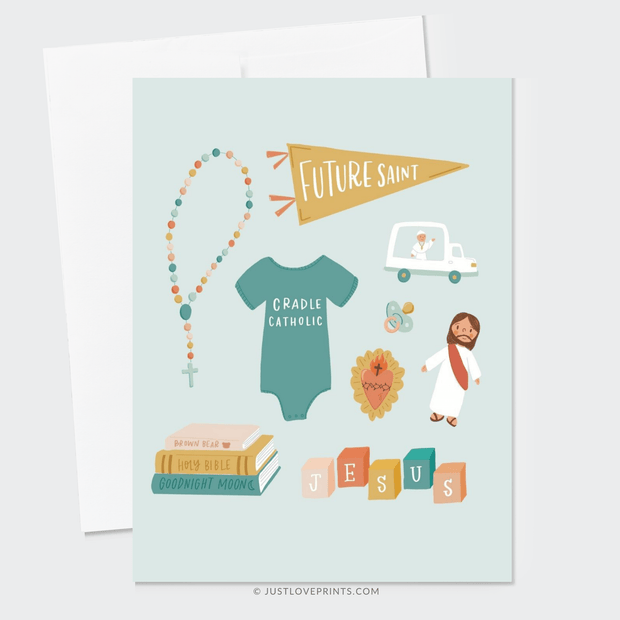 Catholic Baby Greeting Card with a onesie, rosary, pendant, Jesus, blocks, books, Sacred Heart, pacifier, and the pope. 