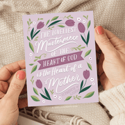 Mother's Day card: Heart illustration with intricate details, accompanied by the words "The most beautiful thing in the world is the heart of a mother."