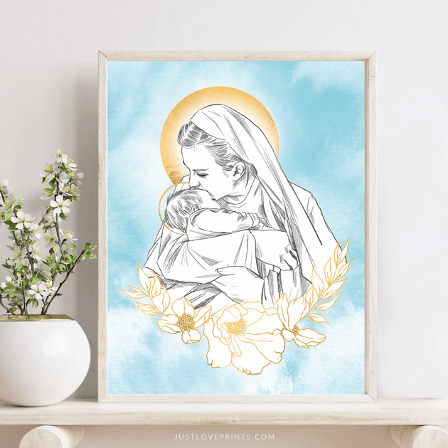 Catholic Miscarriage Gift, Mary Holding Baby in Heaven, 8x10 Print