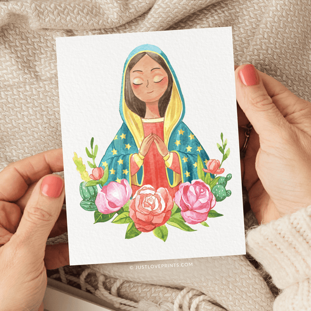 Illustration of the virgin mary with hands clasped in prayer, surrounded by colorful flowers, on textured paper
