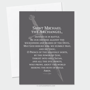 Sword with grey background, featuring St. Michael the Archangel prayer. 
