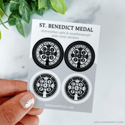 Includes 4 St. Benedict Medal stickers that are dishwasher safe & weatherproof. Two black and two white stickers. 