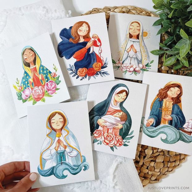 Pack of 6 Our Lady cards: Our Lady of Guadalupe, Our Lady Undoer of Knots, Our Lady of Fatima, Our Lady of Lourdes, Our Lady of La Leche, Our Lady Star of the Sea (Stella Maris)