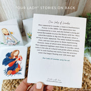 Our Lady stories on back of each card