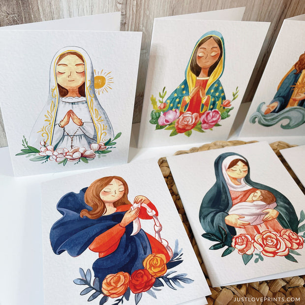 Pack of 6 Our Lady cards: Our Lady of Guadalupe, Our Lady Undoer of Knots, Our Lady of Fatima, Our Lady of Lourdes, Our Lady of La Leche, Our Lady Star of the Sea (Stella Maris)