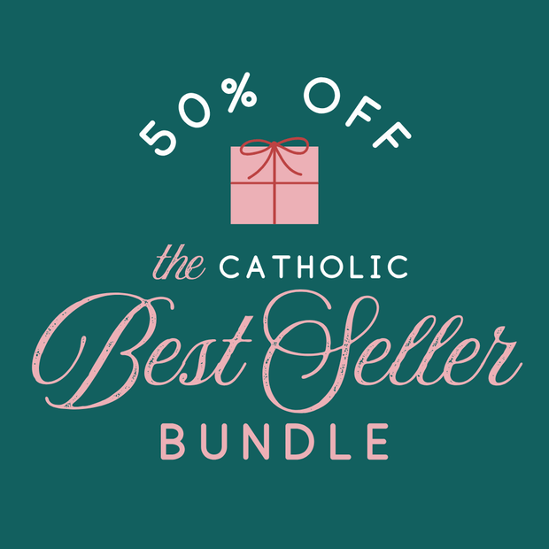 Graphic reading ‘50% Off the Catholic Best Seller Bundle’ with a pink gift box icon on a green background.
