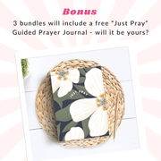 An image promoting a bonus for the "St. Valentine's Day Mystery Bundle." The text at the top reads: "Bonus: 3 bundles will include a free 'Just Pray' Guided Prayer Journal – will it be yours?" Below is a photo of the "Just Pray" journal, featuring a floral design with white flowers and green leaves, displayed on a round woven placemat atop a white wooden surface. The background has a soft pink and white radiating stripe design.