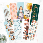 A collection of Catholic-themed bookmarks featuring various designs, such as prayers, saints, Marian imagery, rosaries, and inspirational quotes, like "Jesus is with me. I have nothing to fear." and "Call your Mama." Perfect for faith-inspired reading.