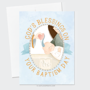 Greeting card with illustration of a baby being baptized and the words “God’s blessings on your baptism day.”