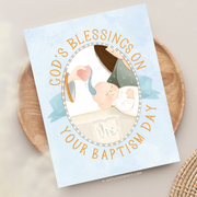 Greeting card with illustration of a baby being baptized and the words “God’s blessings on your baptism day.”