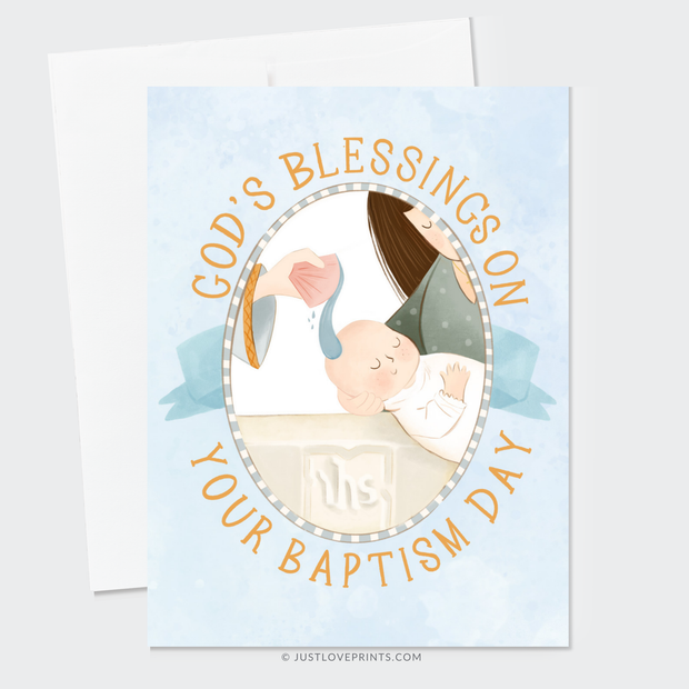 Greeting card with illustration of a baby being baptized and the words “God’s blessings on your baptism day.”