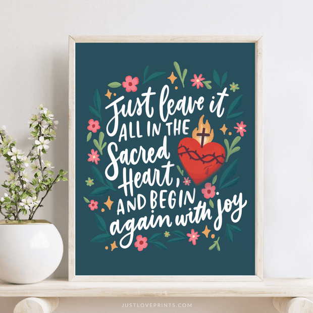 Surrender to the Sacred Heart quote print with floral accents – Catholic inspirational wall art