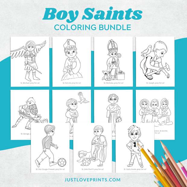 Boy Saints coloring bundle featuring 11 pages of Catholic boy saint illustrations including St. Michael, St. Patrick, St. Nicholas, St. Joseph, St. George, St. John Paul II, and Blessed Carlo Acutis.