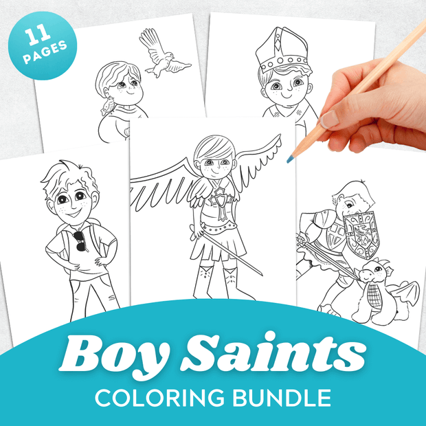 Close-up view of Boy Saints coloring pages showcasing St. Michael, St. Patrick, Blessed Carlo Acutis, and other Catholic boy saints for children to color.