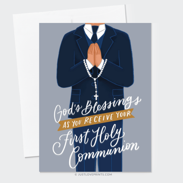 A card for a first holy communion celebration, featuring religious symbols and elegant typography.