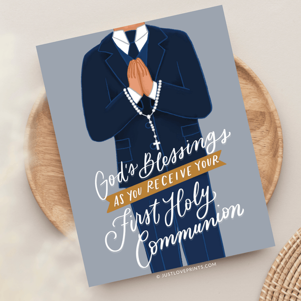 A card for a first holy communion celebration, featuring religious symbols and elegant typography.