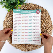 Sticker sheet showing word options for planning stickers, including "confession", "holy day", adoration, and more. 