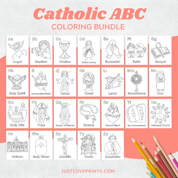 Catholic ABC coloring book bundle with a full alphabet of religious illustrations including A for Angel, J for Jesus, R for Rosary, and V for Vatican.