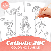 Catholic ABC coloring bundle for children featuring 26 faith-based illustrations, each representing a letter of the alphabet with Catholic symbols and concepts from Angel to Zucchetto.