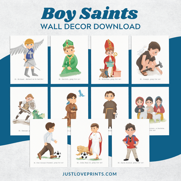 Set of 11 Catholic boy saint wall prints, including St. Michael, St. Joseph, and other beloved saints. Perfect for Catholic home decor and religious education.