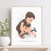 Illustration of St. Joseph wall decor, part of a Catholic boy saints collection. Features St. Joseph working with a hammer, accompanied by a white dove.