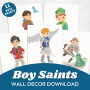 Illustrated collection of Catholic boy saints wall decor, featuring 11 unique 8x10 printable designs. Ideal for Catholic children’s rooms or classrooms.