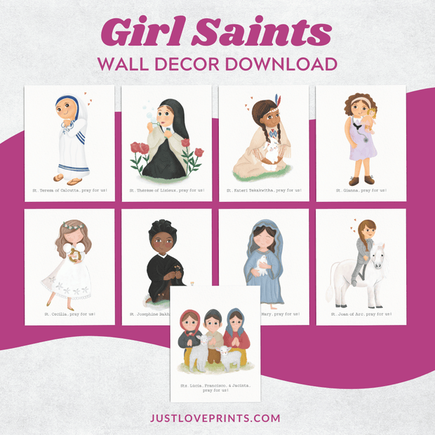 Set of 9 Catholic girl saint wall prints, including St. Therese of Lisieux, St. Joan of Arc, and other beloved saints. Perfect for Catholic home decor and religious education.