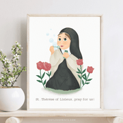 Illustration of St. Therese of Lisieux wall decor, part of a Catholic girl saints collection. Features St. Therese blowing bubbles, surrounded by roses