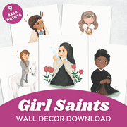 Illustrated collection of Catholic girl saints wall decor, featuring 9 unique 8x10 printable designs. Ideal for Catholic children’s rooms or classrooms