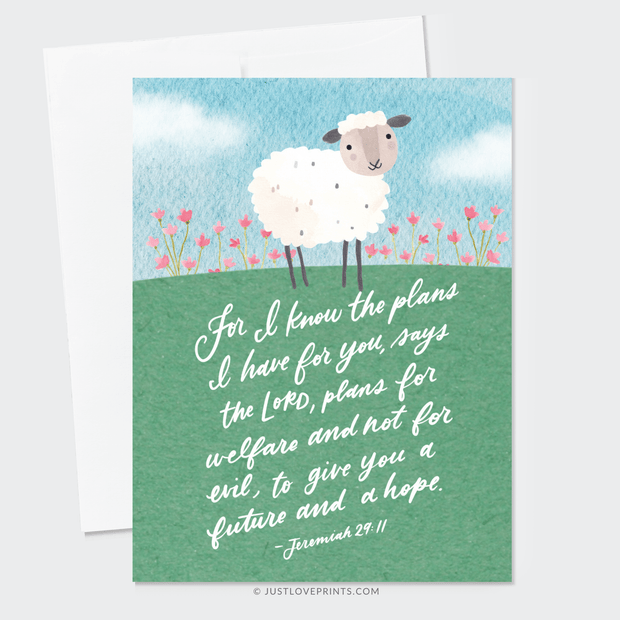 Baby lamb with text "For I know the plans I have for you, says the Lord, plans for welfare and not for evil, to give you a future and a hope."