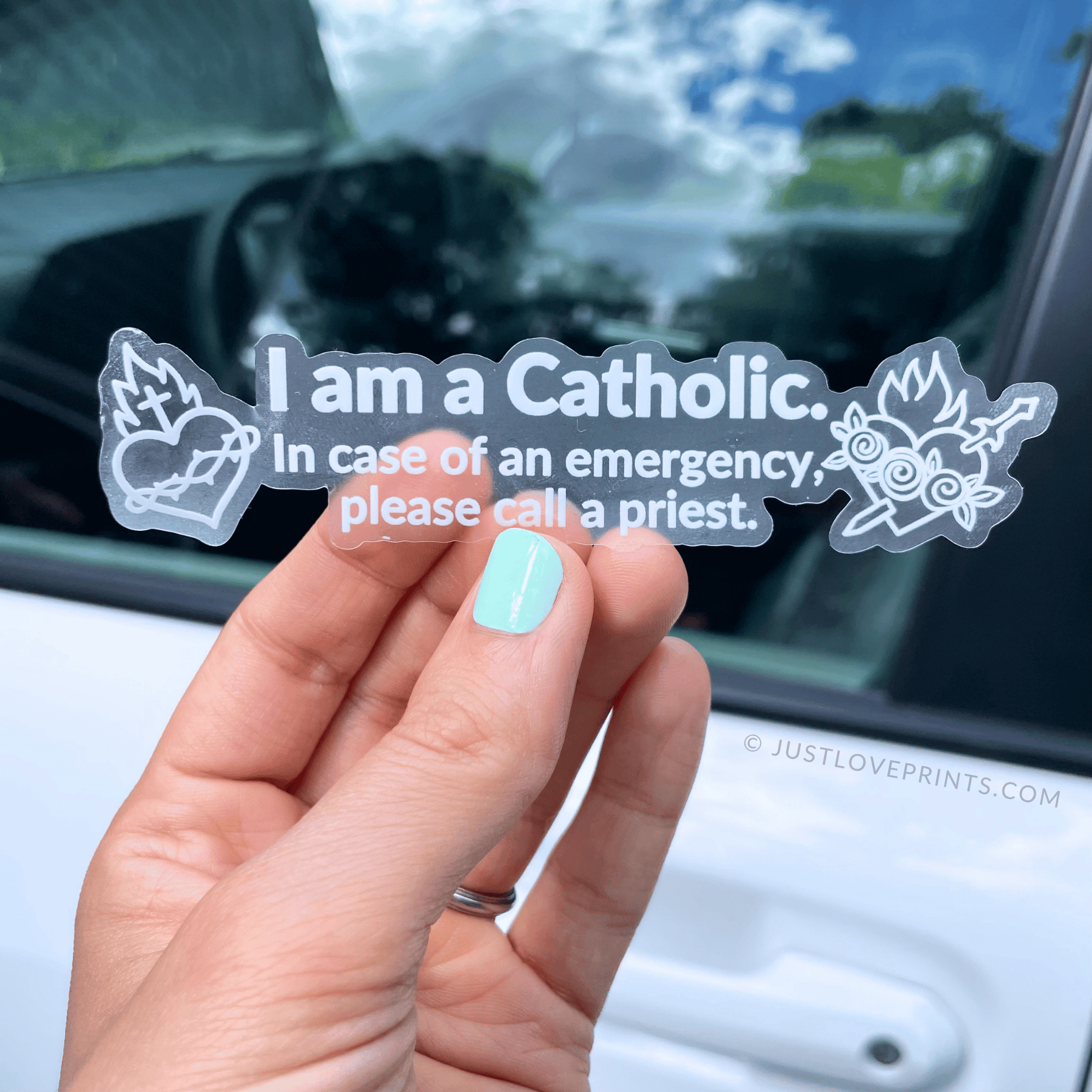 Catholic Emergency Car Window Sticker – Just Love Prints