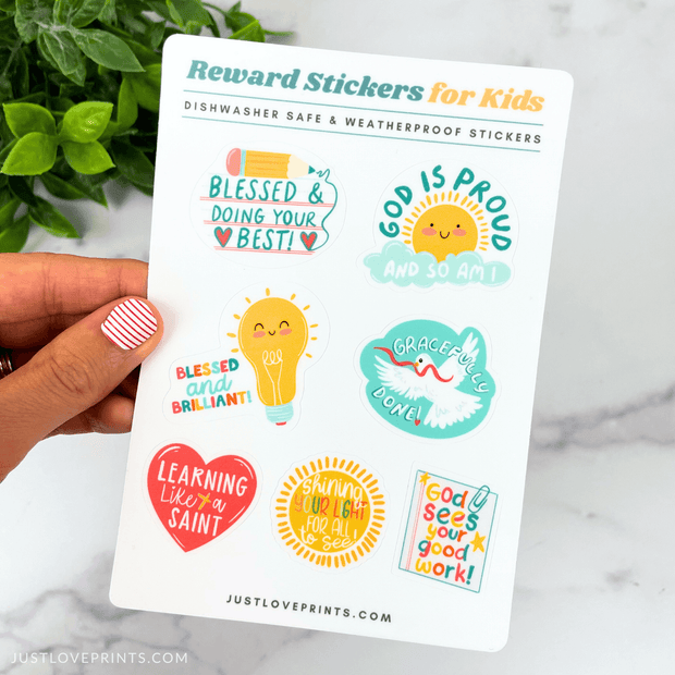 Sticker sheet with seven colorful reward stickers for kids, including phrases like “God is Proud of You” and “Blessed & Doing Your Best.”