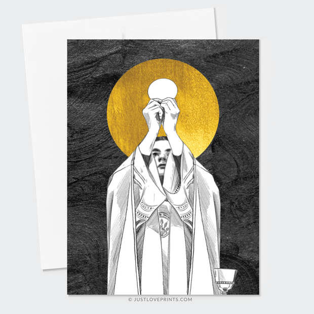 Illustration of a priest in white garments holding a host, against a black background