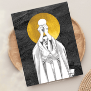 Illustration of a priest in white garments holding a host, against a black background