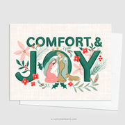 This charming holiday card design centers on the message "Comfort & Joy" in bold green lettering, adorned with festive elements. Nestled within the "O" is a serene nativity scene featuring Mary, Joseph, and Baby Jesus, symbolizing the peace and love of Christmas. Surrounding the text and scene are beautifully illustrated poinsettias, holly, pine sprigs, and small red berries, creating a harmonious and joyful holiday motif. 