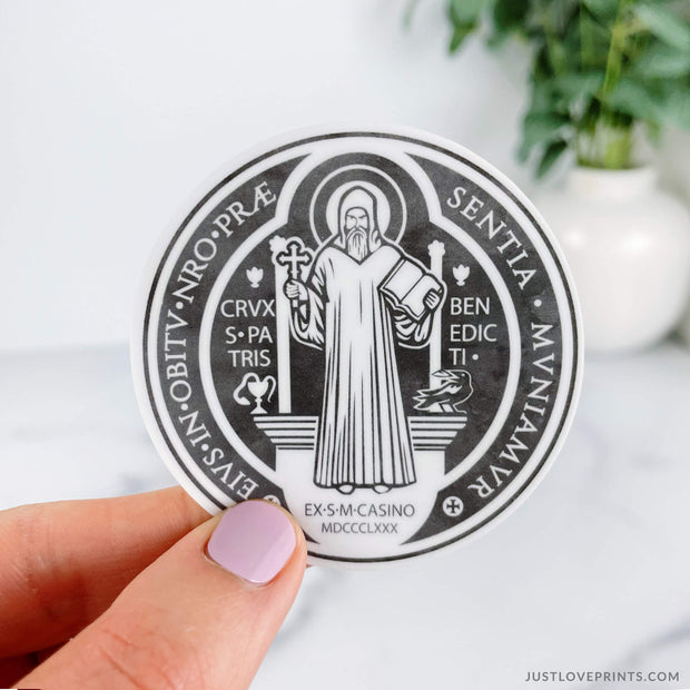 Black and White St Benedict Medal Stickers with St Benedict Figure and Latin Prayers