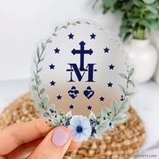 Miraculous Medal Sticker with a pretty blue and eucalyptus border