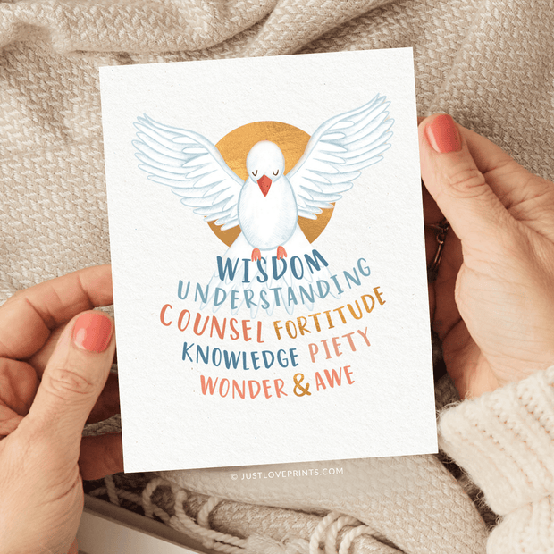 Illustration of a white dove with an olive branch, against a golden halo, with words like "wisdom" and "understanding" listed on a textured paper.