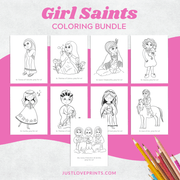 Close-up view of Girl Saints coloring pages showcasing St. Joan of Arc, St. Cecilia, St. Thérèse of Lisieux, and other Catholic girl saints for children to color.