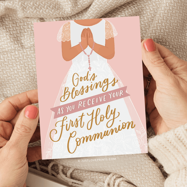  A card for a girl's first holy communion celebration, featuring religious symbols and elegant typography.