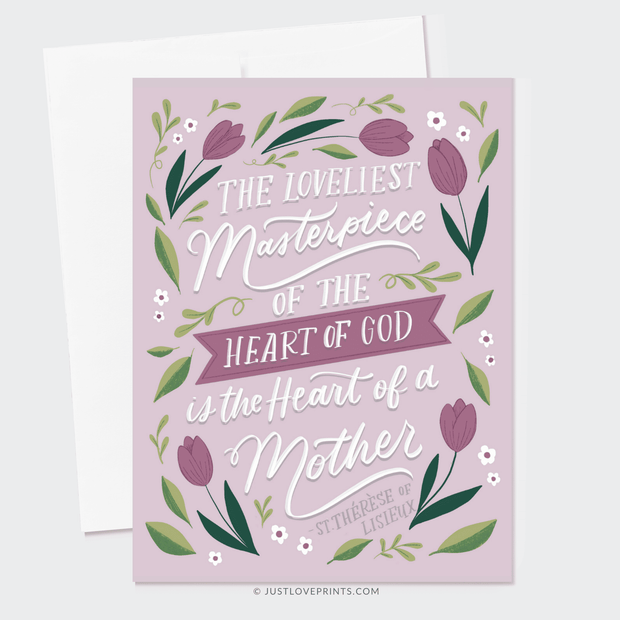 Mother's Day card: Heart illustration with intricate details, accompanied by the words "The most beautiful thing in the world is the heart of a mother."