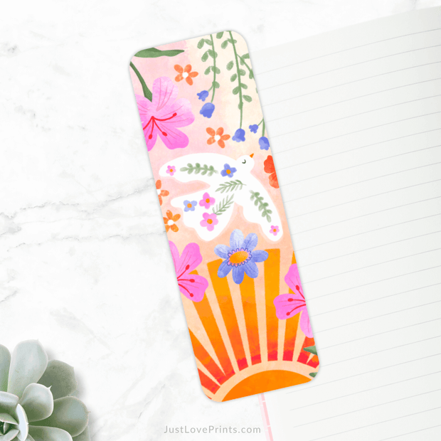 Holy Spirit Catholic bookmark with dove, sunrise, and colorful flowers