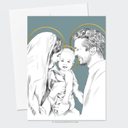 Illustration of a young Holy family with a mother, father, and baby. the parents gaze affectionately at their smiling child, surrounded by a subtle halo, set against a teal background.