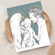Illustration of a young Holy family with a mother, father, and baby. the parents gaze affectionately at their smiling child, surrounded by a subtle halo, set against a teal background.