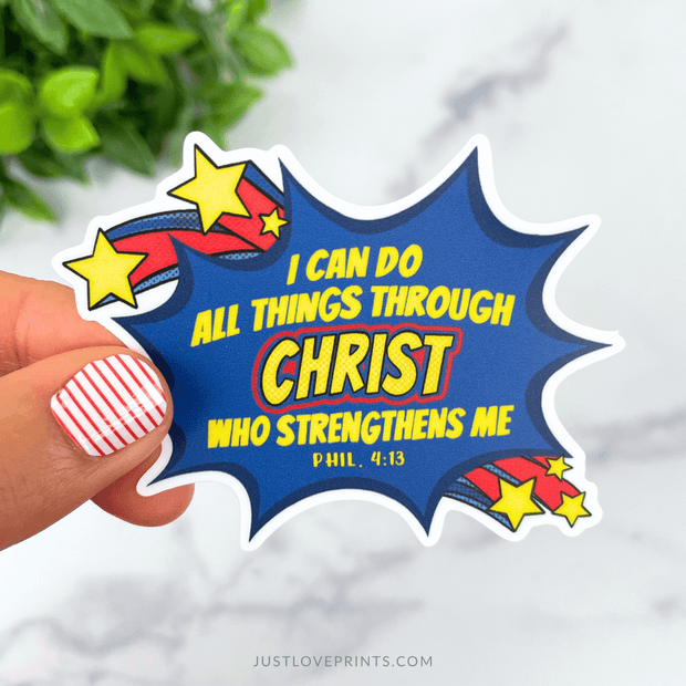 Comic-style sticker with bold text “I can do all things through Christ who strengthens me” from Philippians 4:13.