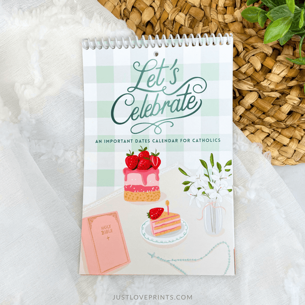 Calendar with 'Let's Celebrate' text and cake illustration on a textured surface