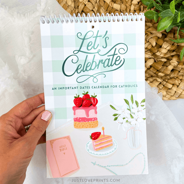 Calendar titled 'Let's Celebrate' held by a hand with a decorative background.