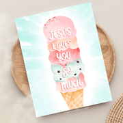 Greeting card featuring a pastel watercolor ice cream cone with the text:
"Jesus loves you so much."