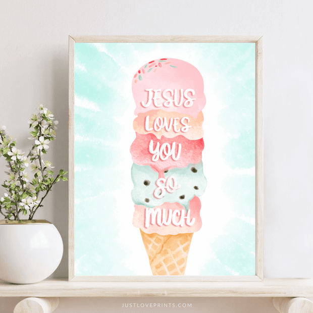 Jesus loves you so much pastel ice cream illustration – playful Christian wall art for kids