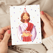 Polka dot background with Watercolor Jesus holding a birthday cake.